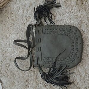 Grey Tassel Crossbody with bronze studs and hardware